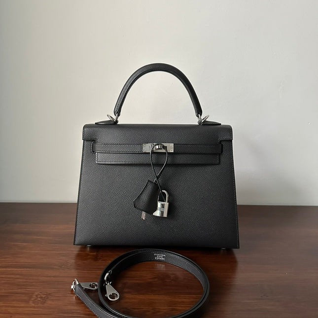 HM KELLY 25CM BLACK EPSOM SILVER HARDWARE