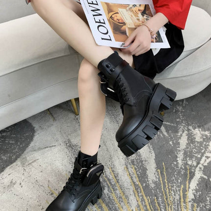 PRADA 26S HIGH TOP MONOLITH SHOES IN BLACK CALFSKIN AND FABRIC WITH POUCH