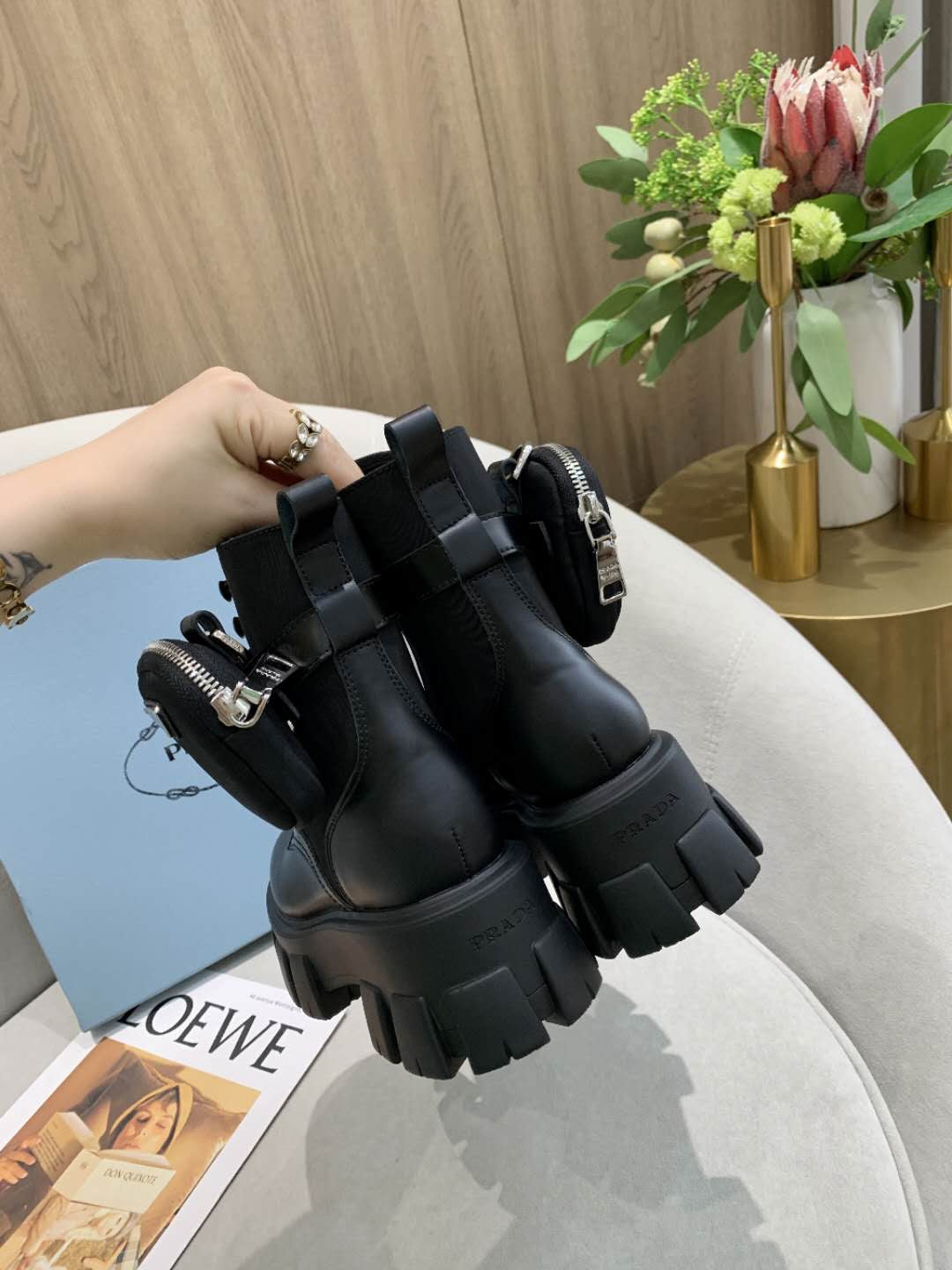 PRADA 26S HIGH TOP MONOLITH SHOES IN BLACK CALFSKIN AND FABRIC WITH POUCH