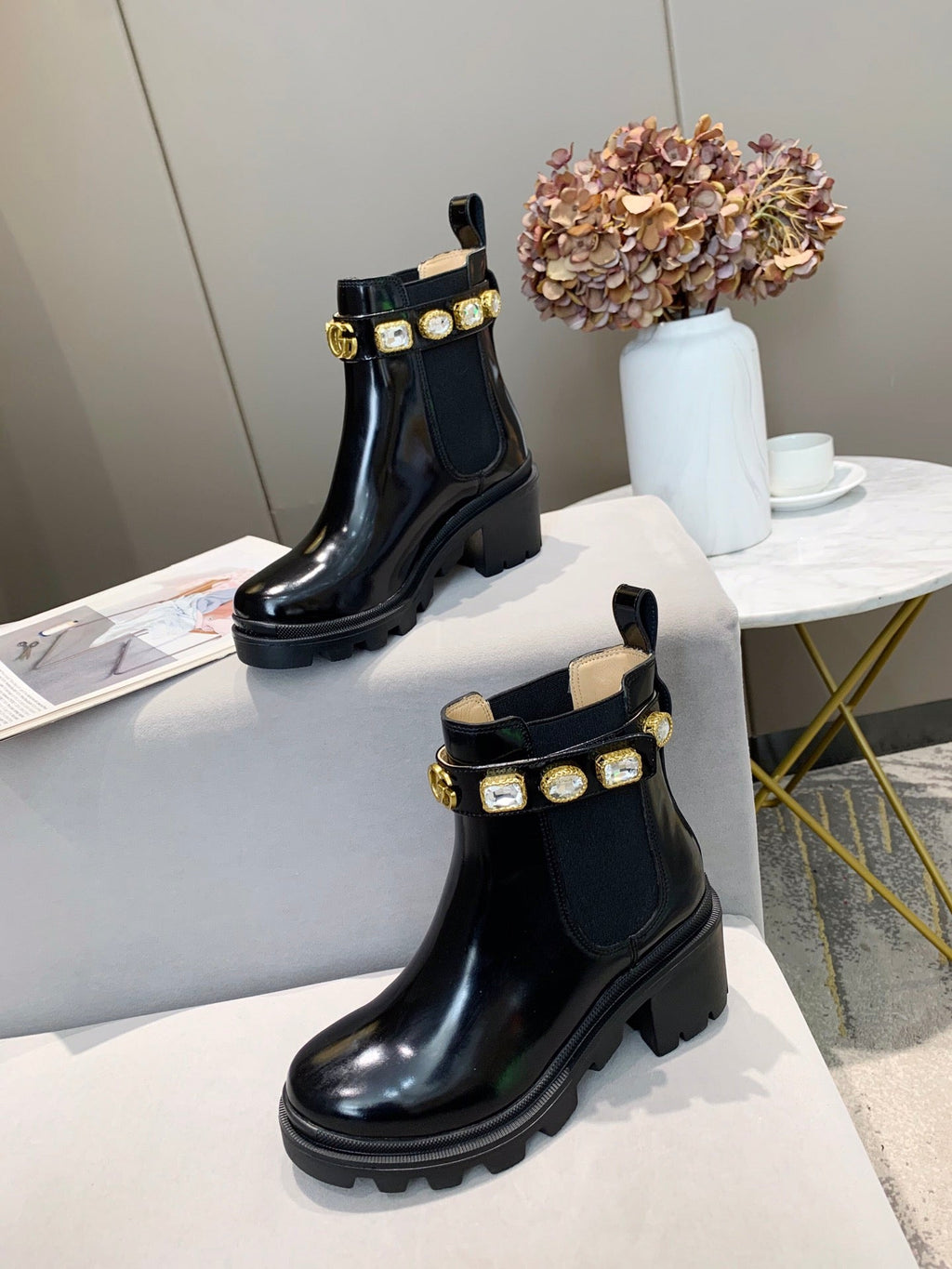 GG CRYSTAL ANKLE BOOTS IN BLACK CALFSKIN GHW