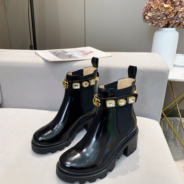GG CRYSTAL ANKLE BOOTS IN BLACK CALFSKIN GHW