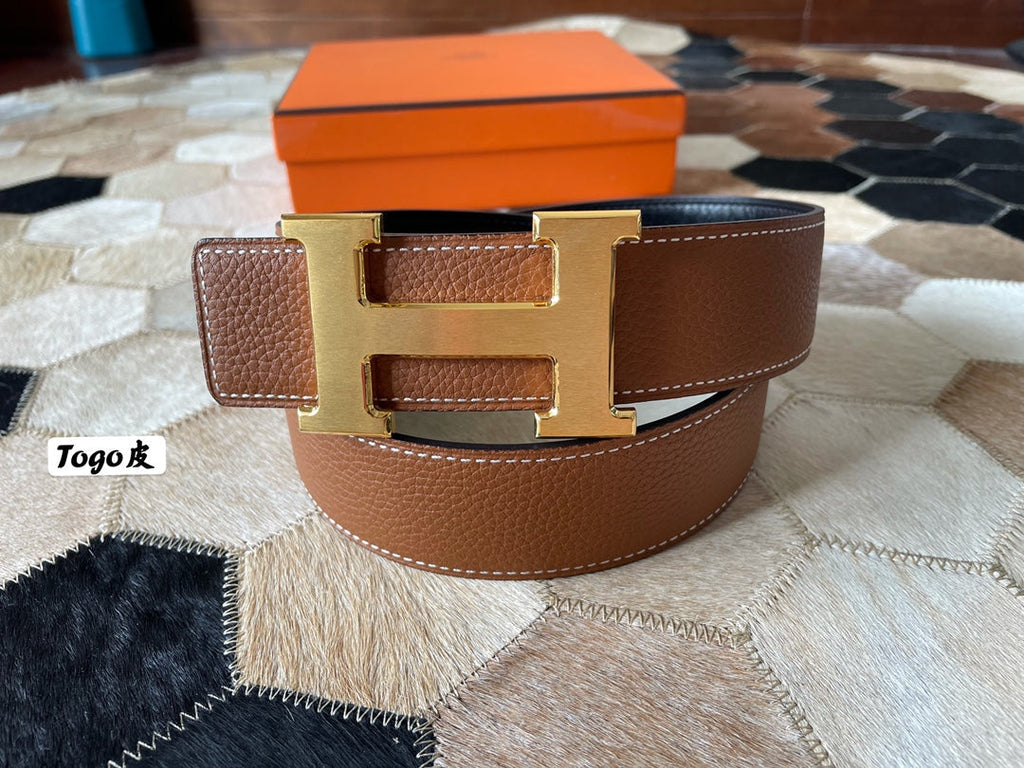 HM CONSTANCE BELT BUCKLE & REVERSIBLE BRONZE BROWN LEATHER STRAP 38MM GOLD HARDWARE