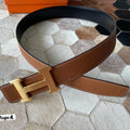 HM CONSTANCE BELT BUCKLE & REVERSIBLE BRONZE BROWN LEATHER STRAP 38MM GOLD HARDWARE