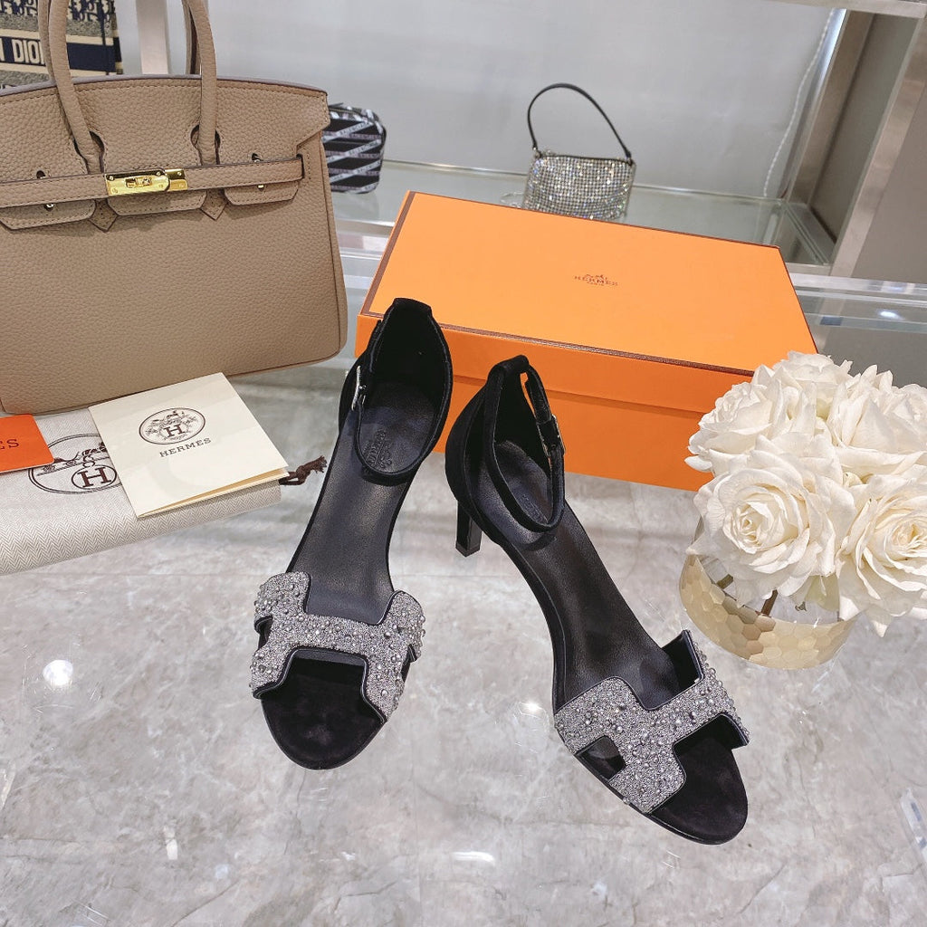 PREMIERE 70 SANDAL IN BLACK SUEDE WITH WHITE CRYSTALS