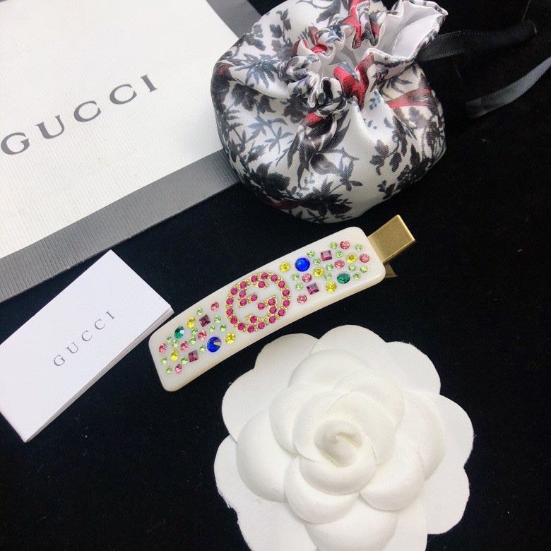 GUCCI 26S DOUBLE G LOGO MULTICOLOR CRYSTAL EMBELLISHED HAIR CLIP IN IVORY RESIN 629879