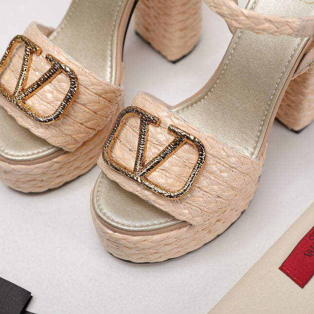 VLTN ESPADRILLE WEDGE SANDALS 25S 130 MM IN BEIGE RAFFIA WITH GOLD HARDWARE
