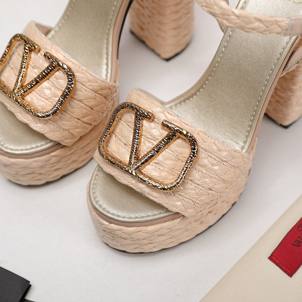 VLTN ESPADRILLE WEDGE SANDALS 25S 130 MM IN BEIGE RAFFIA WITH GOLD HARDWARE