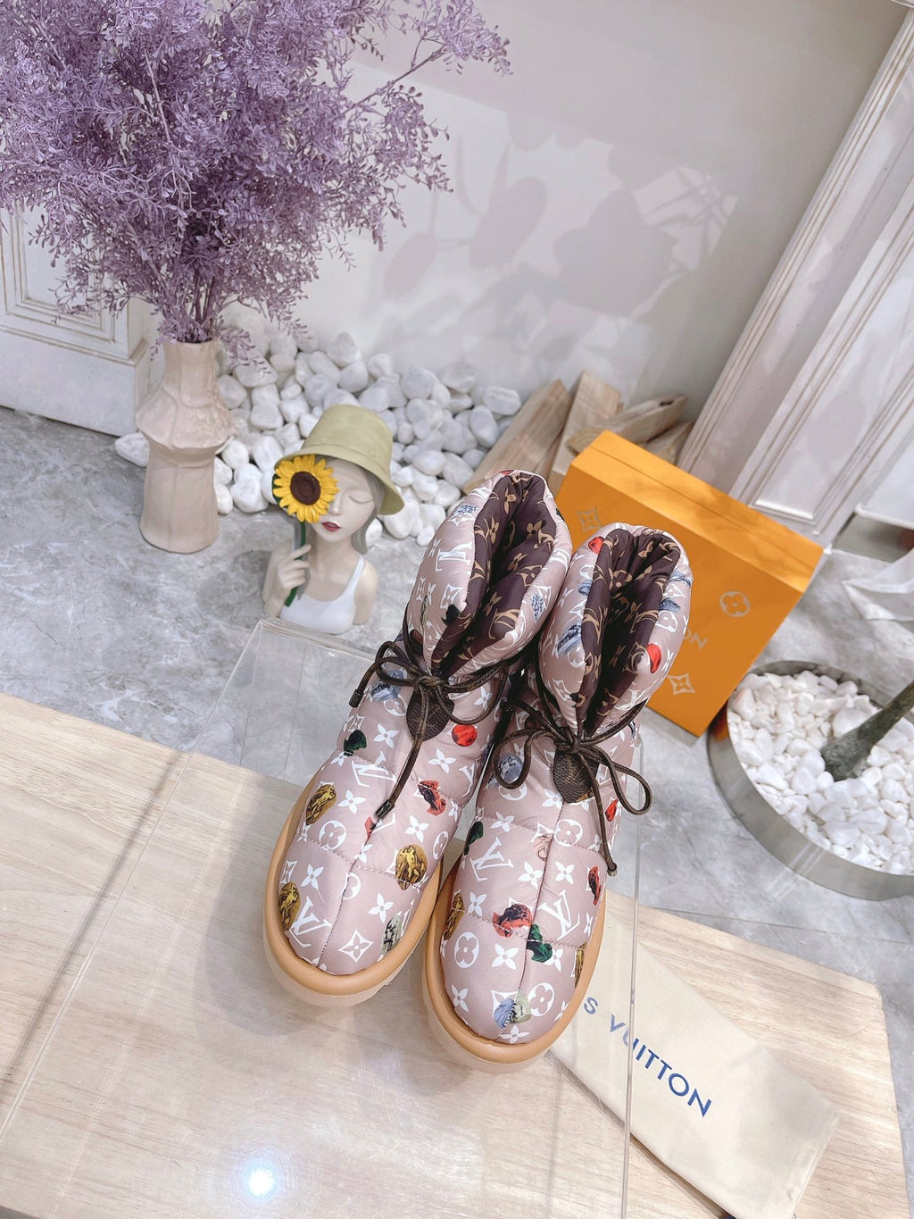 PILLOW COMFORT ANKLE BOOTS IN ROSY BROWN MIX WHITE MONOGRAM NYLON