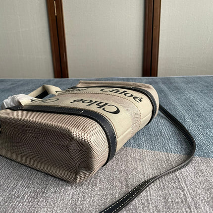 SMALL STRAP WOODY TOTE BAG 26.5 IN BEIGE LINEN CANVAS BLACK WEBBING LOGO EMBROIDER BLACK CALFSKIN
