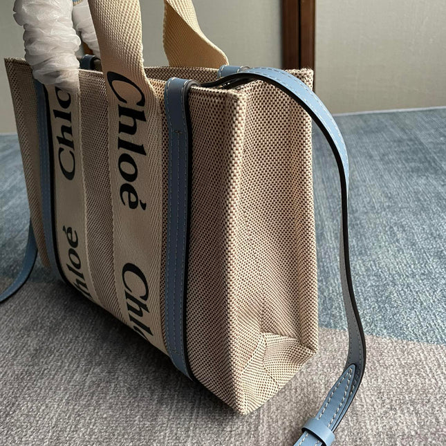 SMALL STRAP WOODY TOTE BAG 26.5 IN BEIGE LINEN CANVAS BLACK WEBBING LOGO EMBROIDER BLUE CALFSKIN