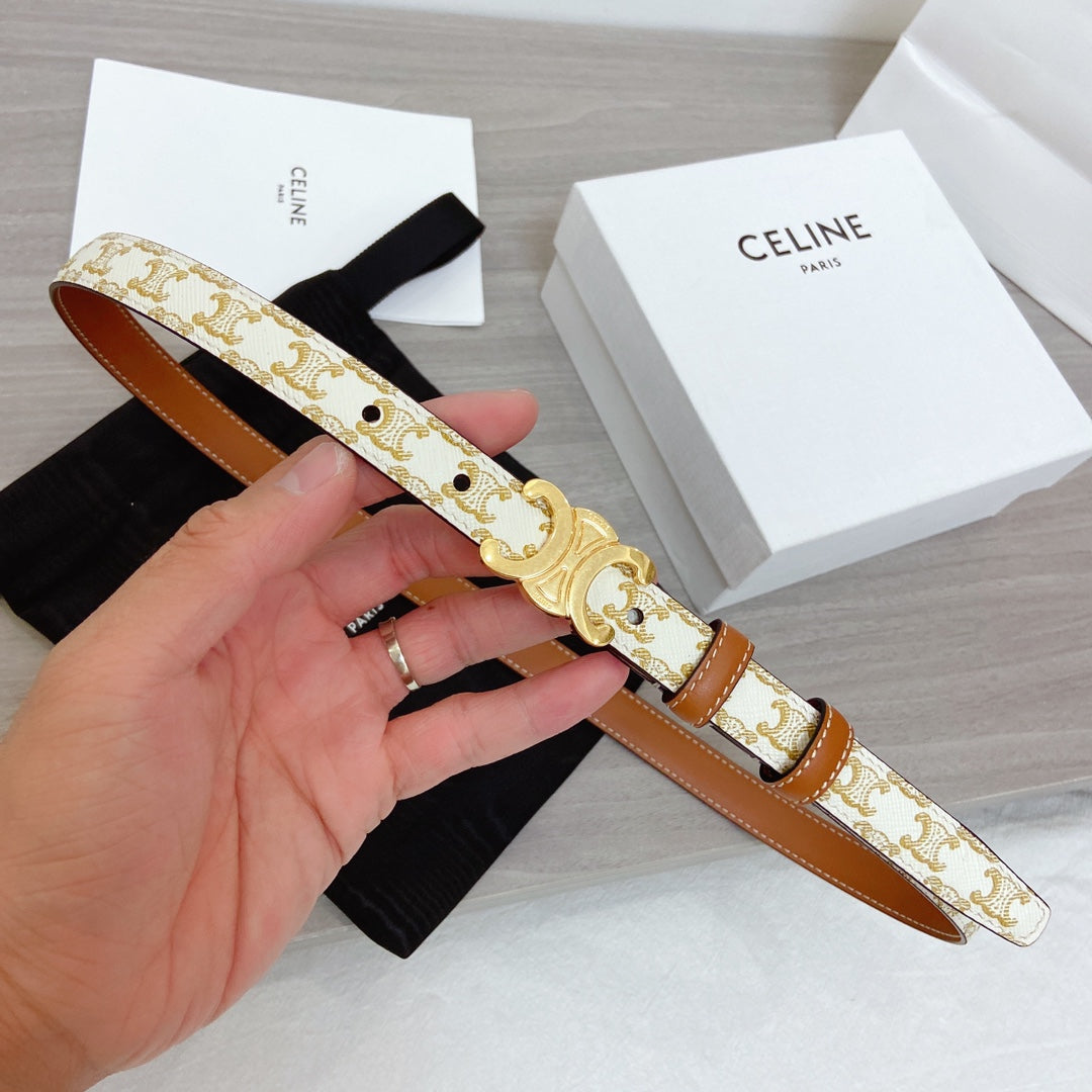 TRIOMPHE BELT 18MM REVERSIBLE IN WHITE CALFSKIN WITH GOLD MONOGRAM PRINT AND BROWN CALFSKIN WITH GOLD BUCKLE