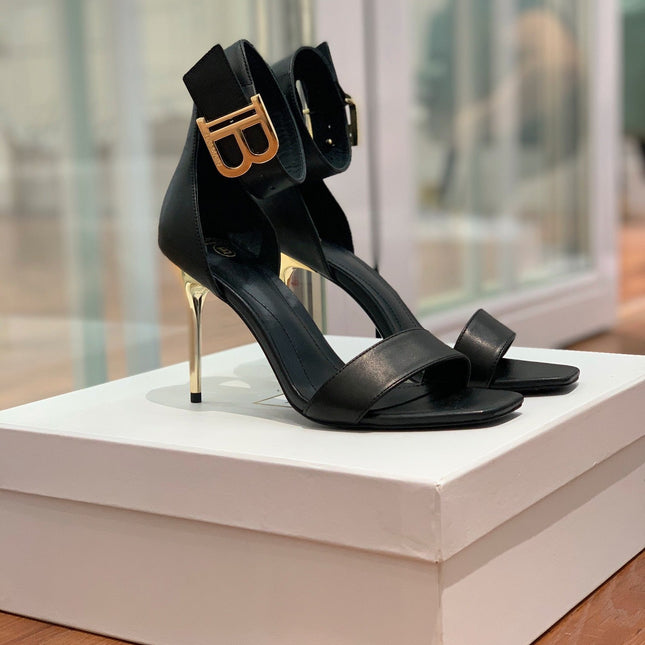 BALMAIN 25S THIN STRAP HIGH HEELS 105MM IN BLACK CALFSKIN GOLD HARDWARE