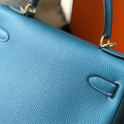 HERMES KELLY BAG 25CM IN BLUE TOGO LEATHER WITH GOLD HARDWARE