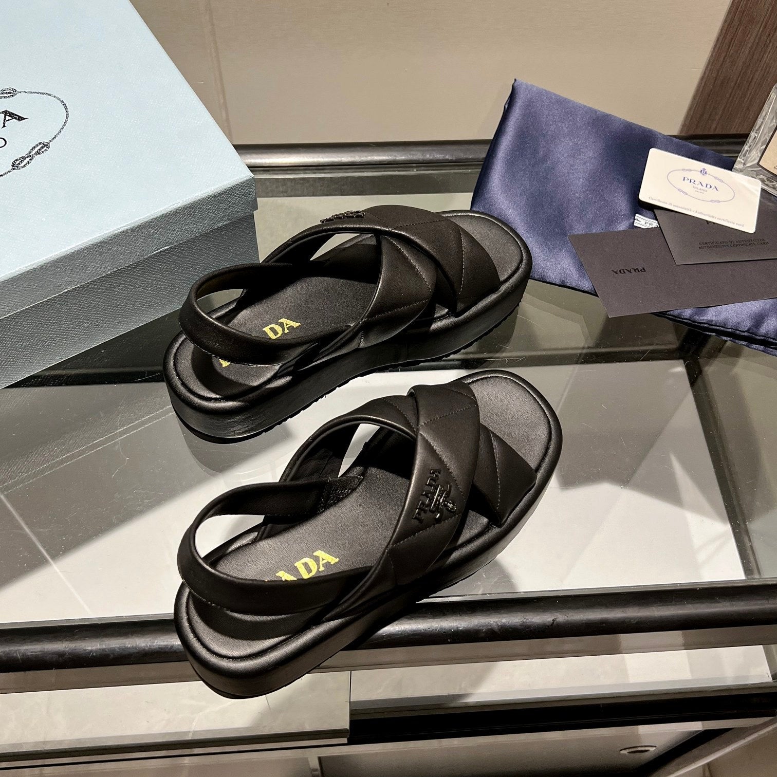 PRA PADDED CRISSCROSS SANDALS BLACK LAMBSKIN