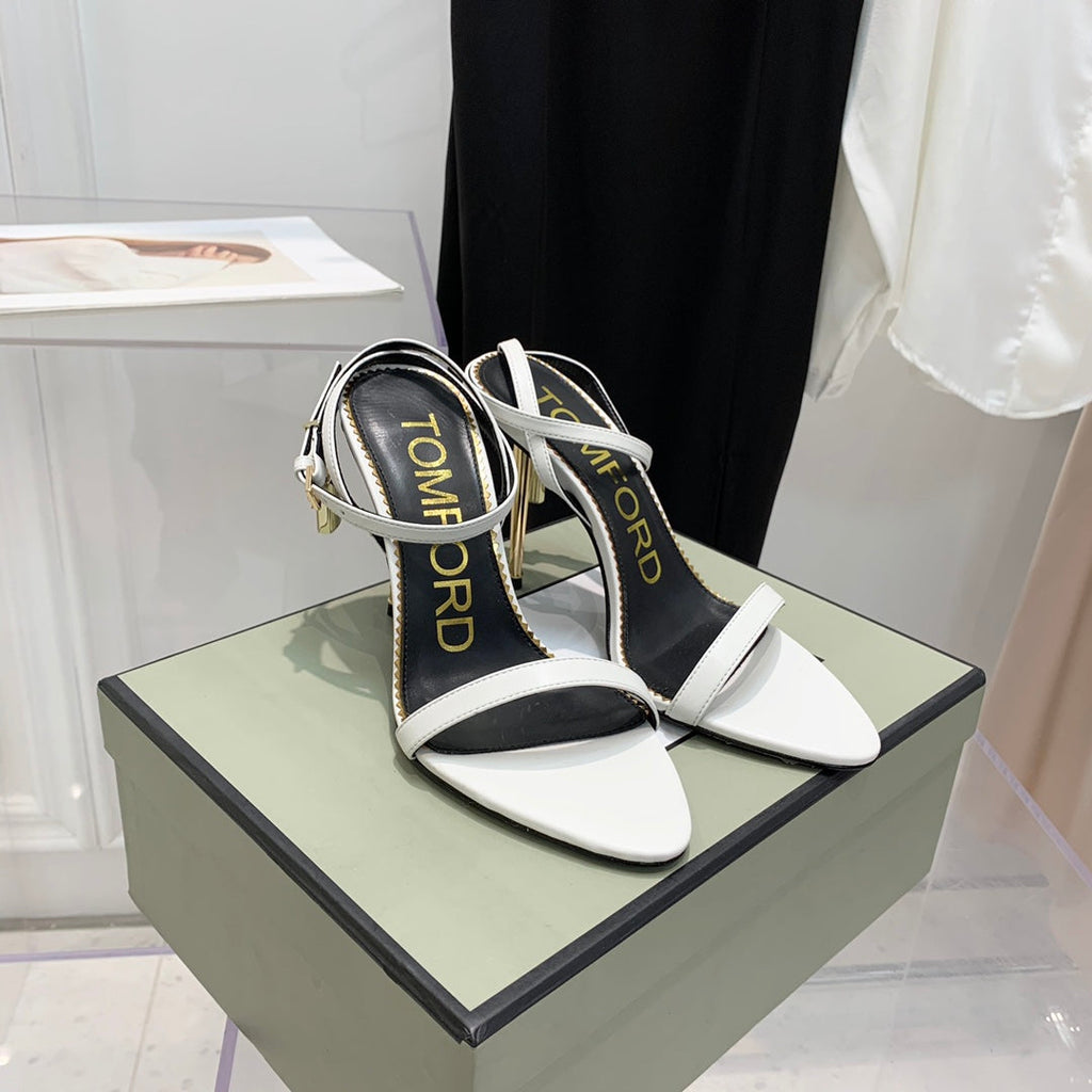 PADLOCK HIGH HEEL 10 CM SANDAL IN WHITE SHEEPSKIN