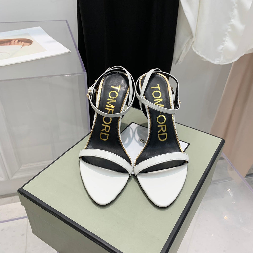 PADLOCK HIGH HEEL 10 CM SANDAL IN WHITE SHEEPSKIN