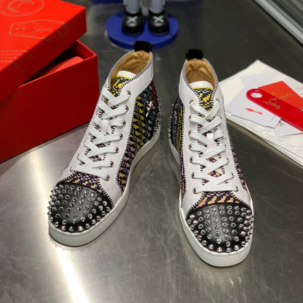 LOU SPIKES HIGH-TOP SNEAKERS IN MULTICOLOR WOVEN FABRIC MIX CALFSKIN