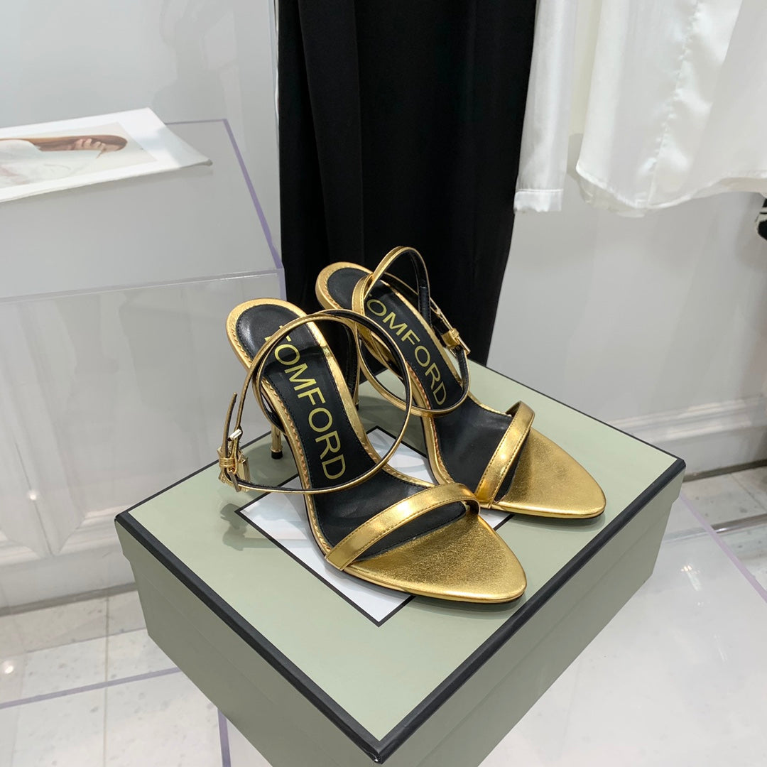 PADLOCK HIGH HEEL 10 CM SANDAL IN GOLD SHEEPSKIN
