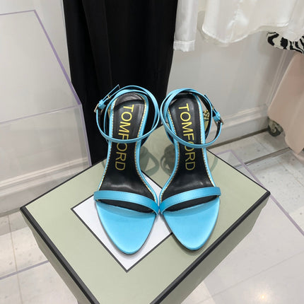 TOM FORD 26S GOLD BUCKLE HEELS 105 MM IN AQUA BLUE LAMBSKIN