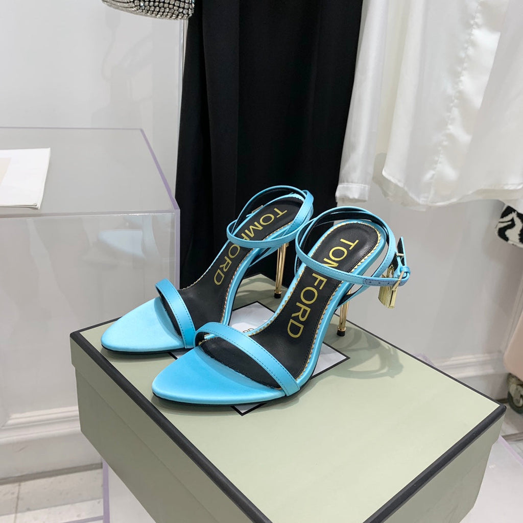 PADLOCK HIGH HEEL 10 CM SANDAL IN AQUA BLUE SHEEPSKIN