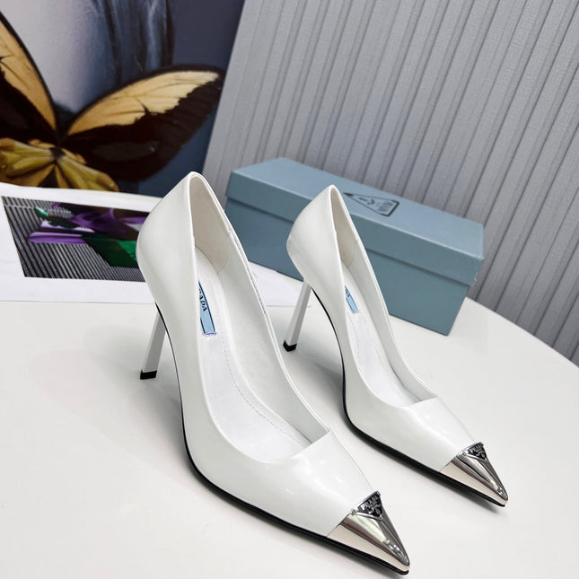 PRADA 26S PUMPS STILETTO HEEL 95MM IN WHITE METAL TIP CALFSKIN