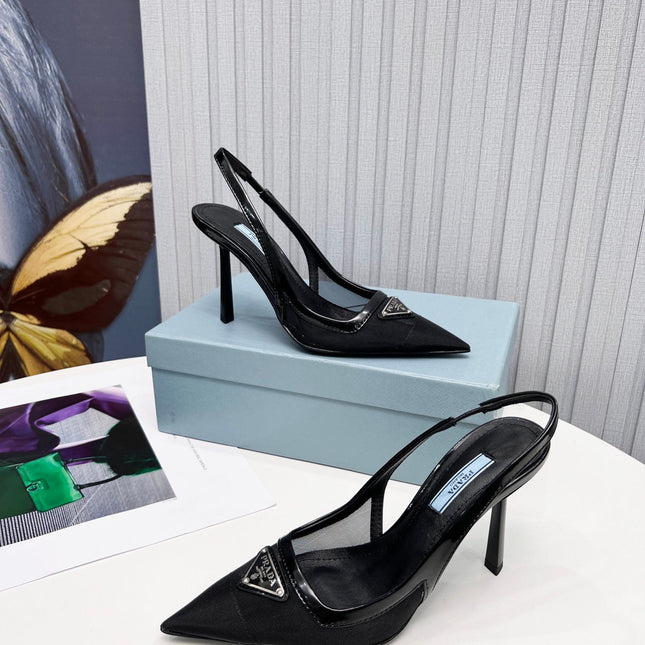 PRADA 26S SLINGBACK PUMPS STILETTO HEEL 95MM IN BLACK MESH WITH LOGO