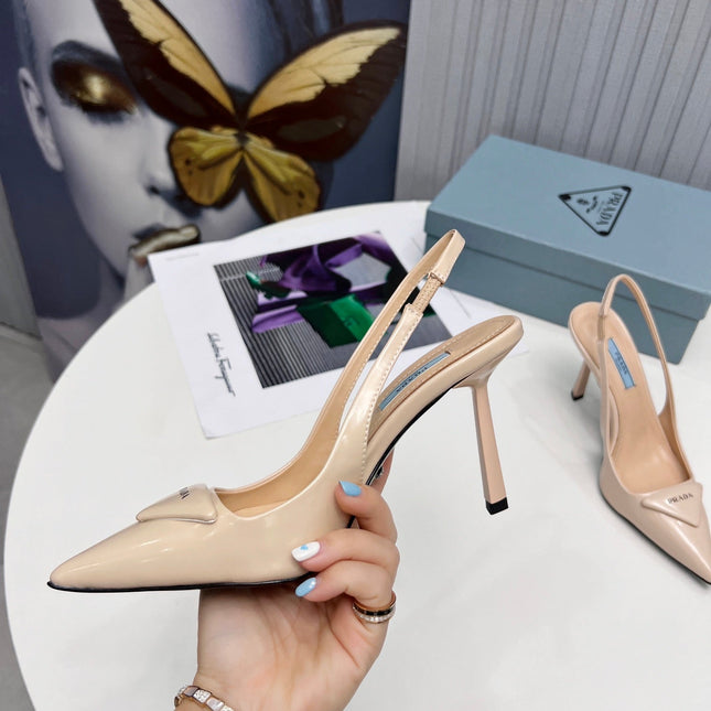 PRADA 26S SLINGBACK PUMPS STILETTO HEEL 95MM IN NUDE BEIGE CALFSKIN LOGO