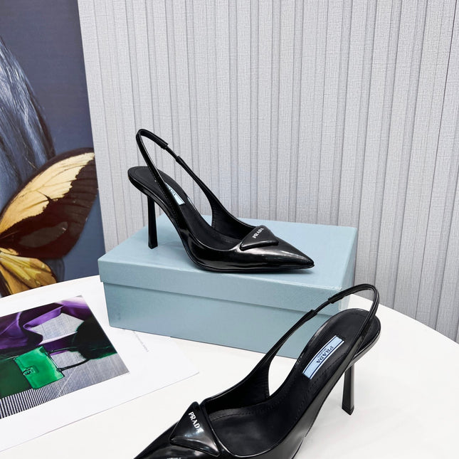 PRADA 26S SLINGBACK PUMPS STILETTO HEEL 95MM IN BLACK PATENT CALFSKIN LOGO