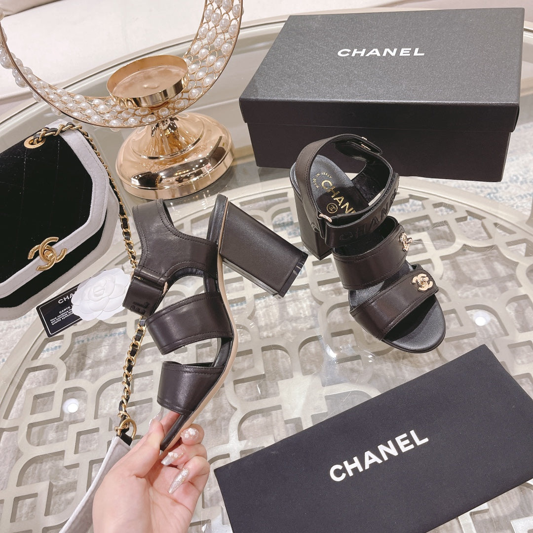 CC 3 STRAPS HIGH HEELS IN BLACK CALFSKIN