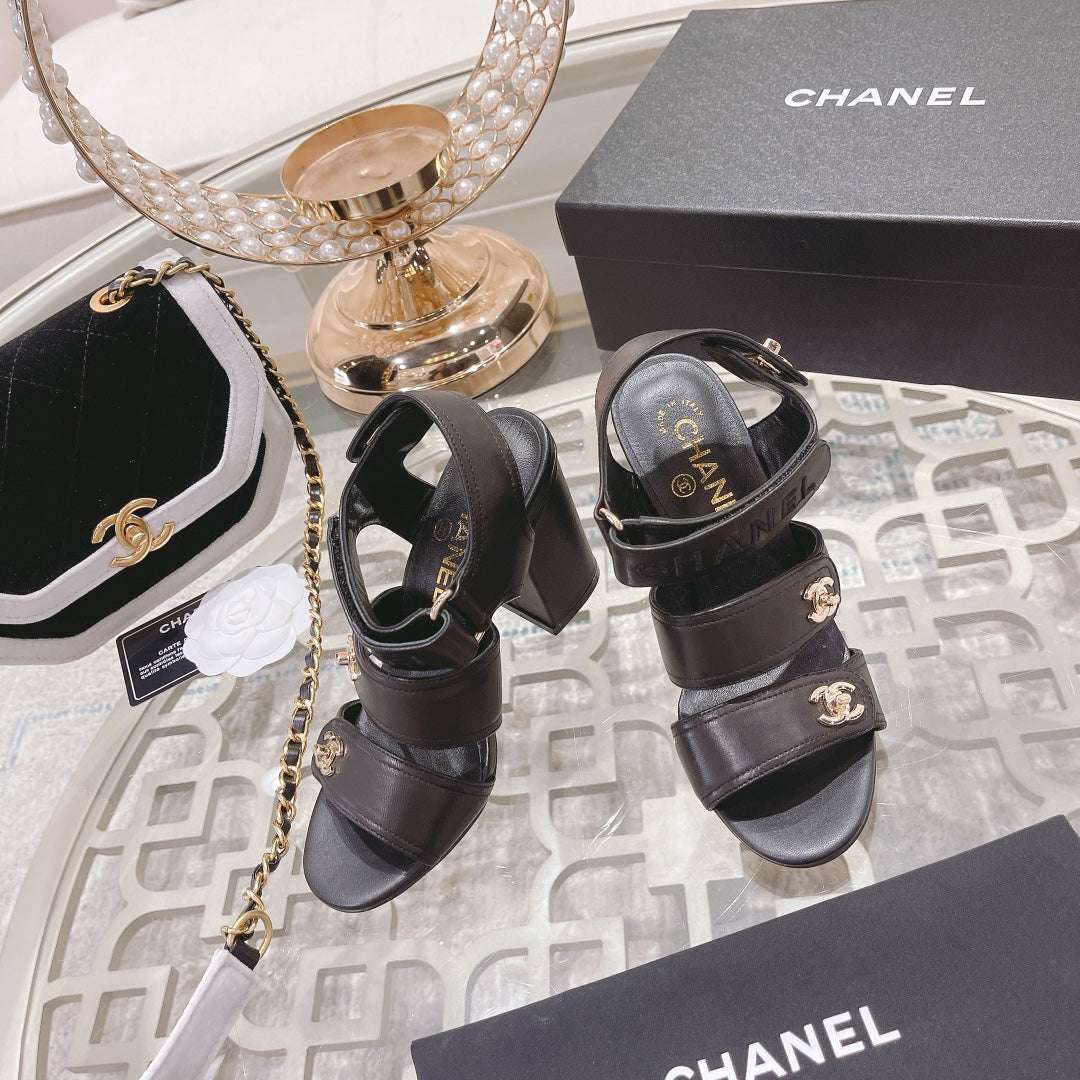 CC 3 STRAPS HIGH HEELS IN BLACK CALFSKIN