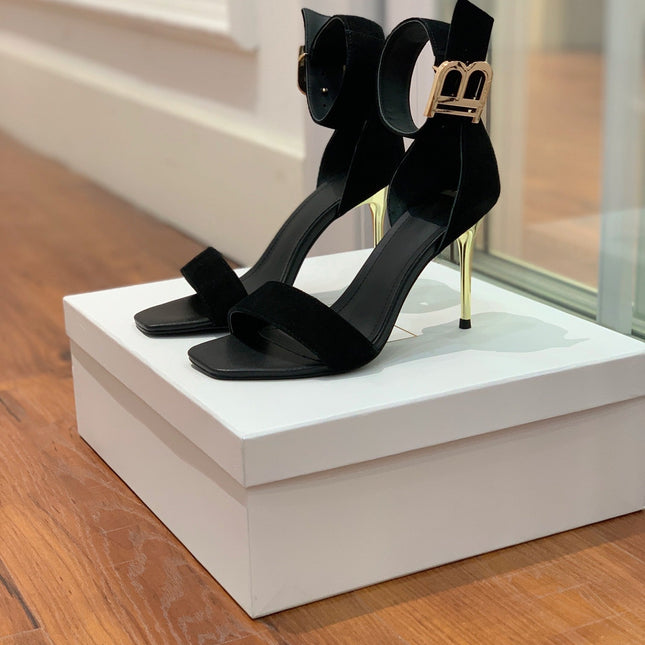 BALMAIN 25S THIN STRAP HIGH HEELS 105MM IN BLACK SUEDE GOLD HARDWARE