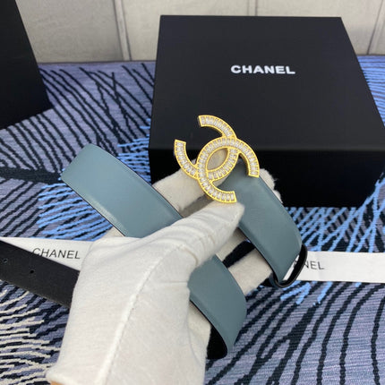 CHANEL 25S BELT 30 MM IN GREY BLUE CALFSKIN WITH GOLD HARDWARE 615102