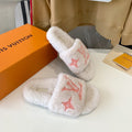 LV WOMEN'S PASEO FLAT SLIPPER IN WHITE FLEECE WITH LIGHT PINK LOGO