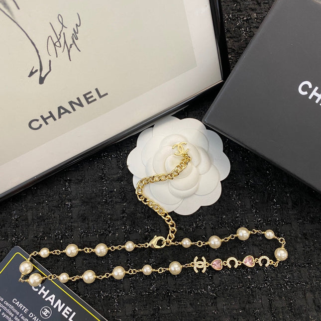 CHANEL 26S DOUBLE C LETTER PEARL NECKLACE WITH HEART CHARMS IN GOLD METAL 631850