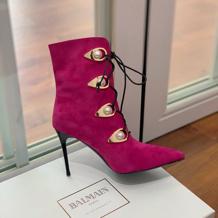 BALMAIN 26S BOOT 95 MM IN DARK PINK SUEDE PEARL BUTTON