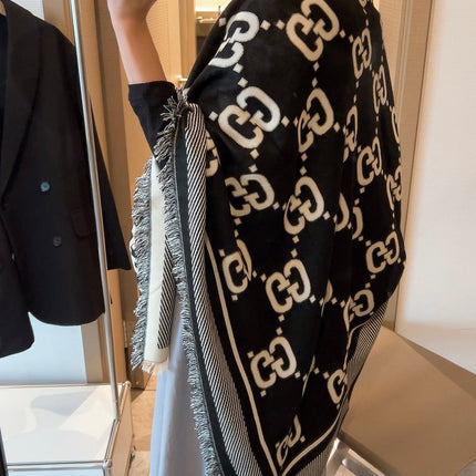 SQUARE SCARF 140 CM IN BLACK MIX WHITE SILK CASHMERE  401511