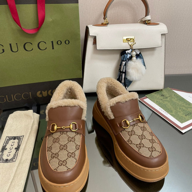 GG LOAFER IN PEANUT BROWN JACQUARD AND CHOCOLATE BROWN CALFSKIN WITH BEIGE WOOL LINING
