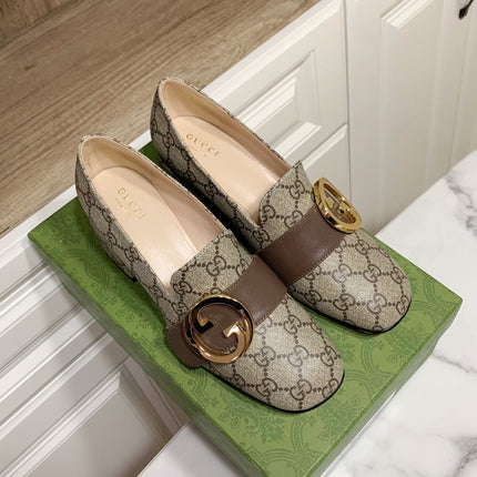 GUCCI 26S BLONDIE HIGH HEELS 55 MM IN DARK BEIGE CANVAS AND CALFSKIN