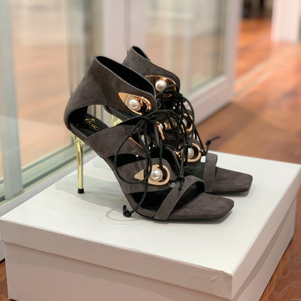 BALMAIN 25S HIGH HEELS 95MM IN CHARCOAL BROWN SUEDE WITH PEARL