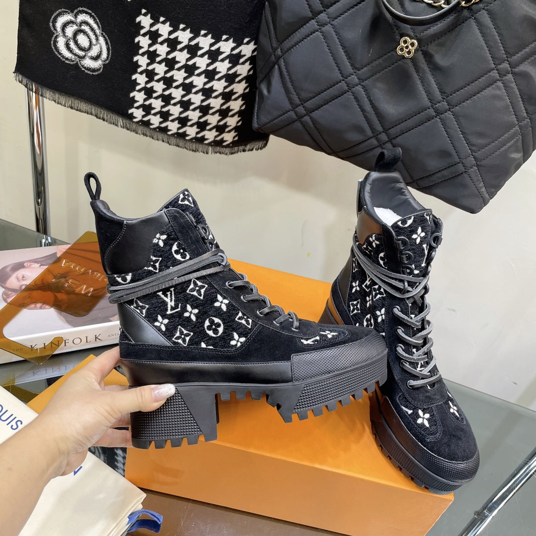 LAUREATE PLATFORM BOOTS IN BLACK MIX WHITE SUEDE AND MONOGRAM JACQUARD PATTERN