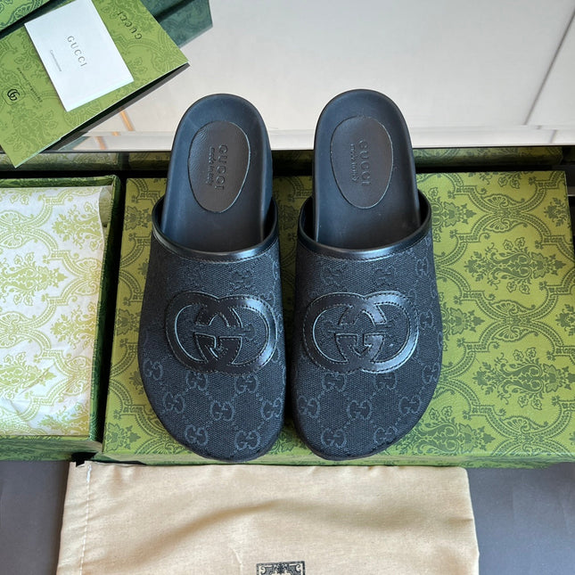 INTERLOCKING G MULE IN BLACK MONOGRAM CANVAS AND LEATHER