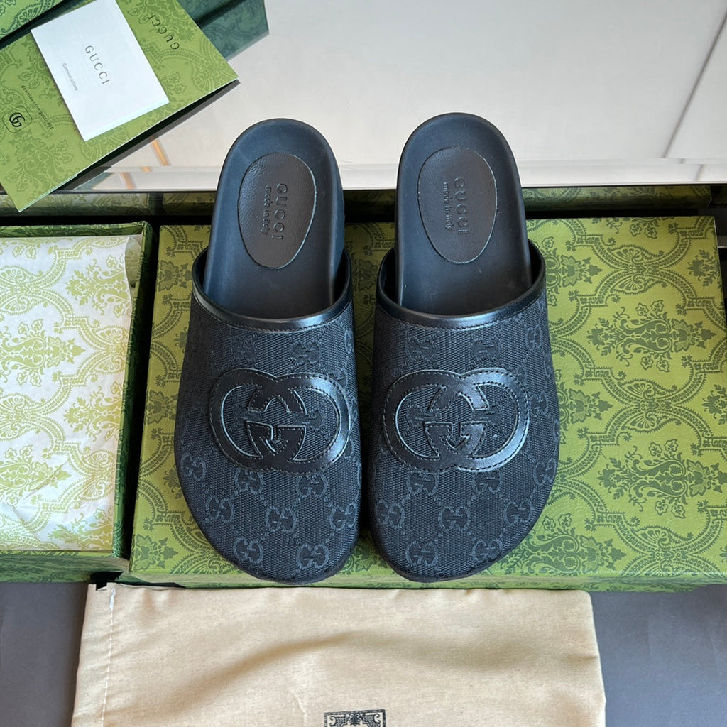 INTERLOCKING G MULE IN BLACK MONOGRAM CANVAS AND LEATHER