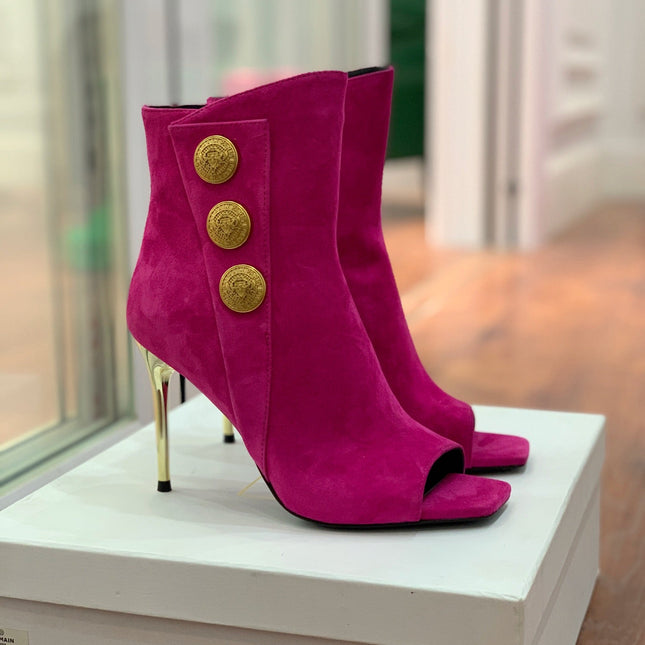 BALMAIN 26S OPEN-TOE BOOTS 95 MM IN DARK PINK SUEDE