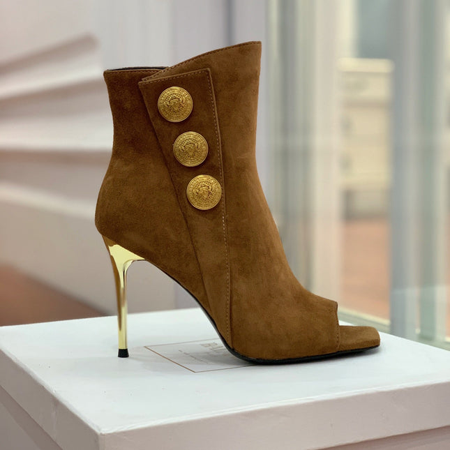 BALMAIN 26S OPEN-TOE BOOTS 95 MM IN BROWN SUEDE