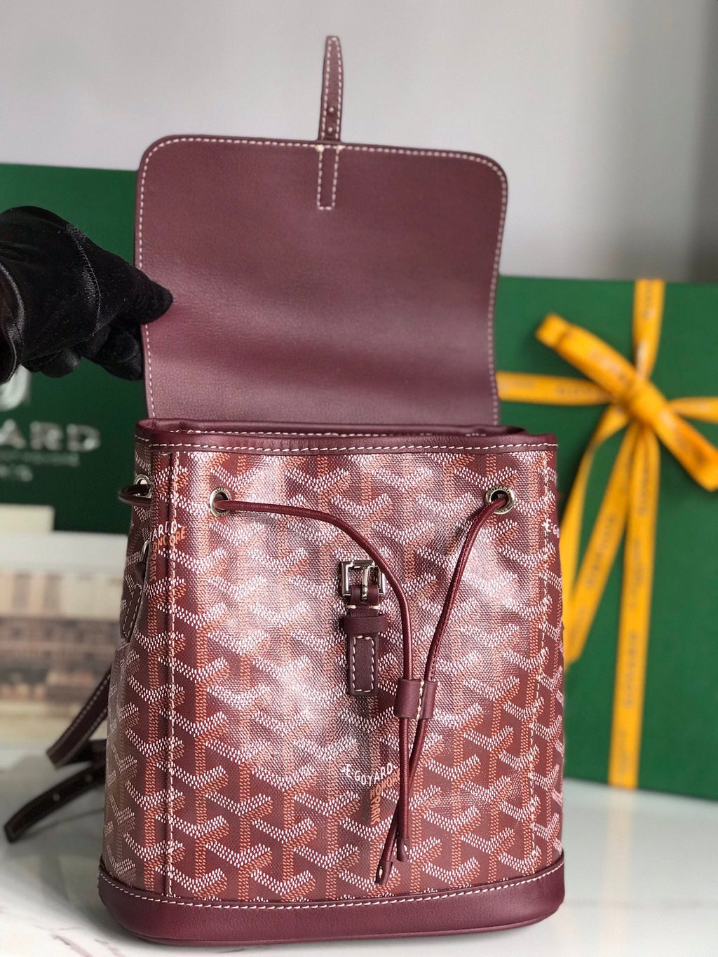 ALPIN MINI BACKPACK 21 IN WINE RED LAMBSKIN AND GOYARDINE CANVAS