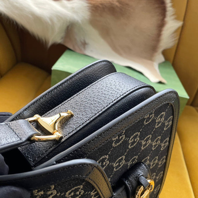 GG HORSEBIT 1955 SADDLE BAG 25 IN BLACK CANVAS AND CALFSKIN