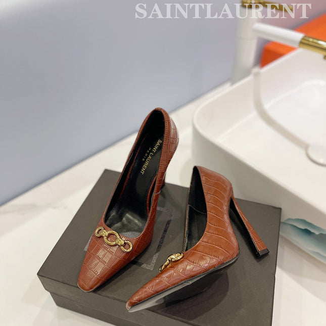 SL SILVANA CROCODILE MOTIF CHAIN PUMPS BROWN CALFSKIN
