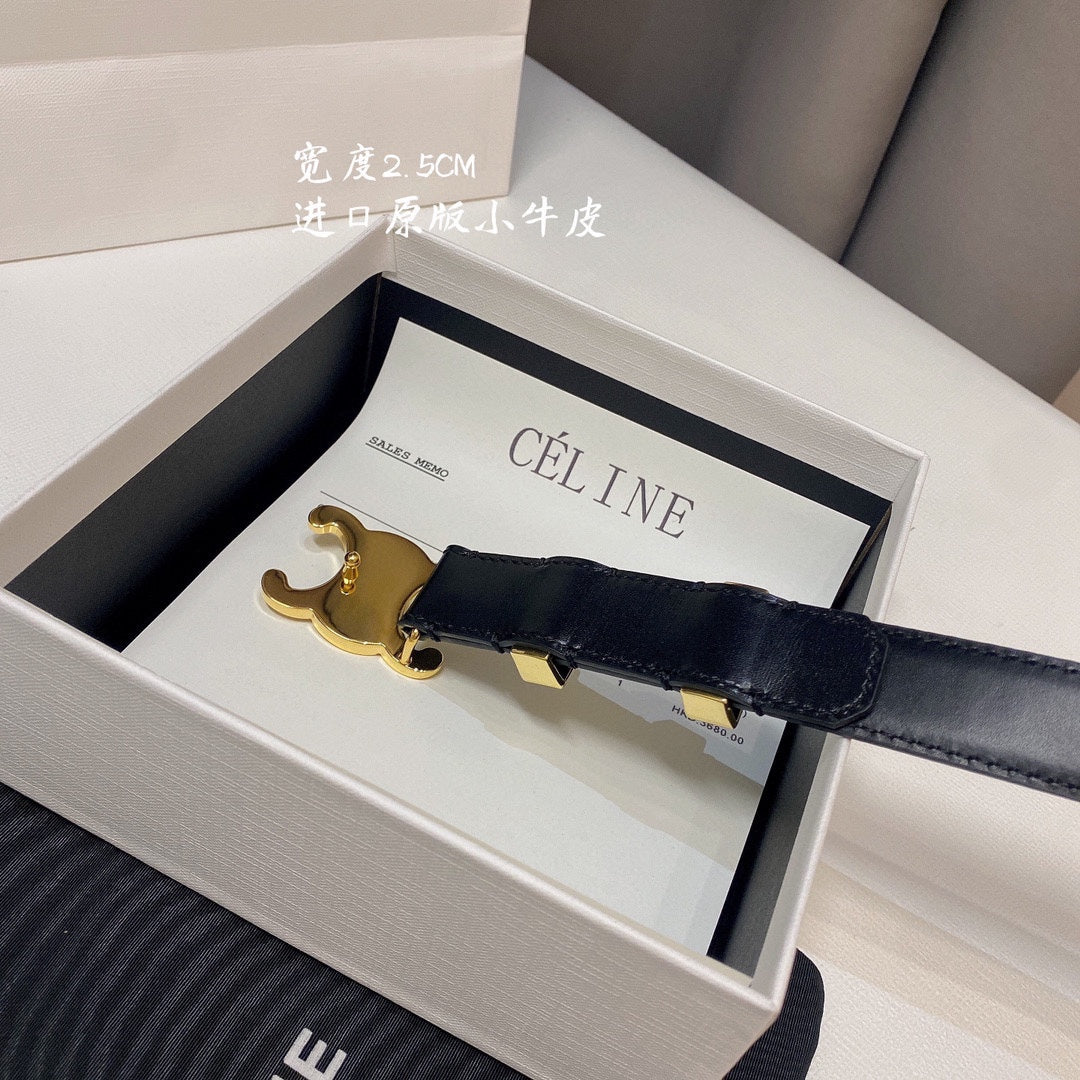 CL MEDIUM 25MM TRIOMPHE BELT IN BLACK CALFSKIN GOLD HARDWARE