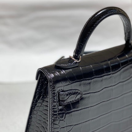 HERMES 25S MINI KELLY 19 IN BLACK CALFSKIN SILVER HARDWARE
