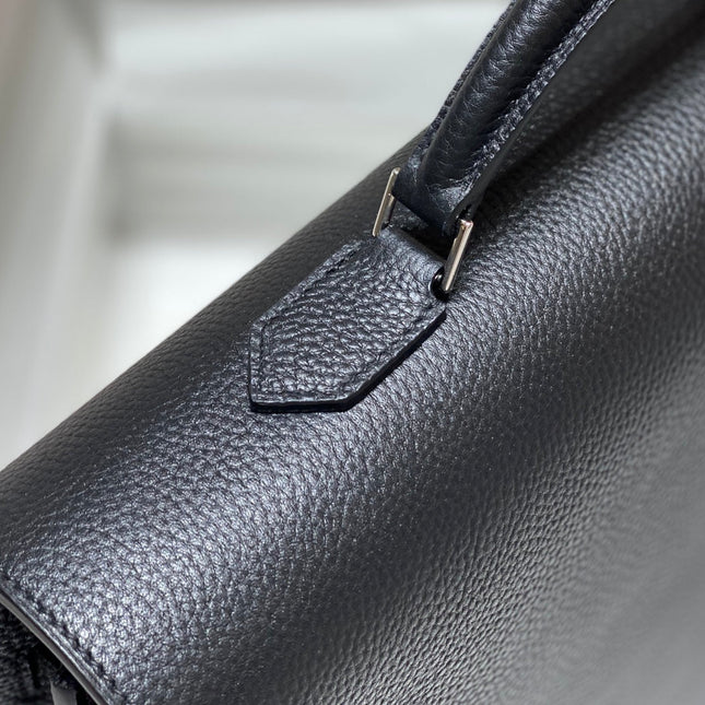 KELLY DEPECHES 34 BRIEFCASE IN BLACK TOGO CALFSKIN SILVER HARDWARE